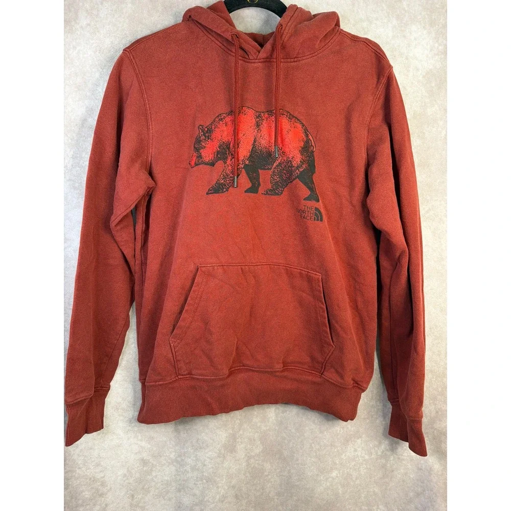 The North Face Hoodie Mens Small Rust Orange/Red Bear Graphic Pullover A532A